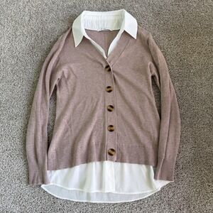 Siani Cardigan Sweater Womens Medium Beige V Neck Collared Button Front Layered